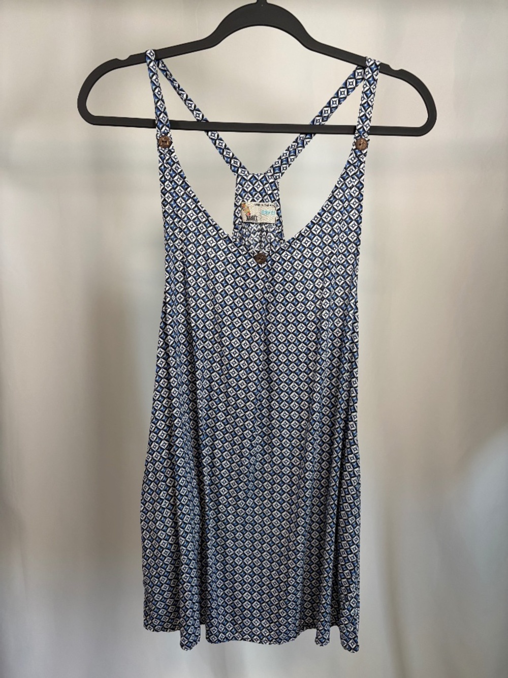 Blue Geometric Print Strappy Sundress with Pockets – Small
